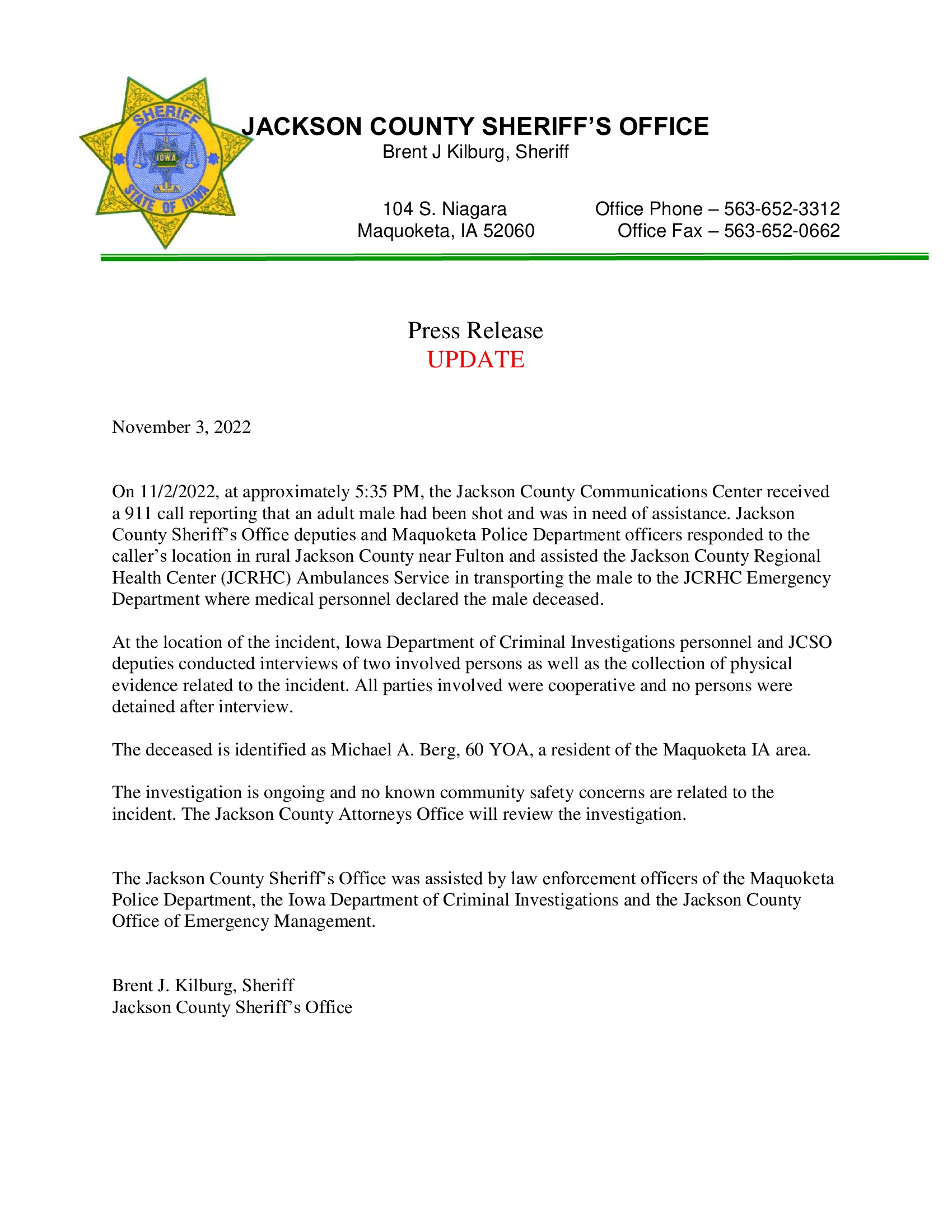 Jackson County Shooting Update | Iowa Department of Public Safety