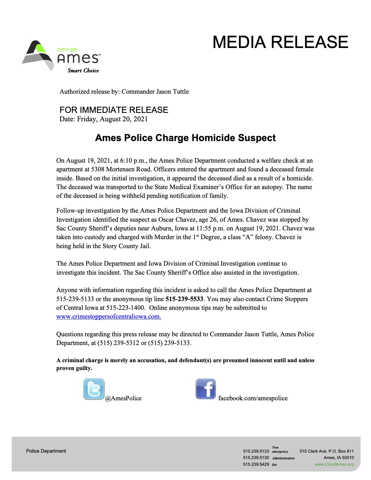 Ames media release