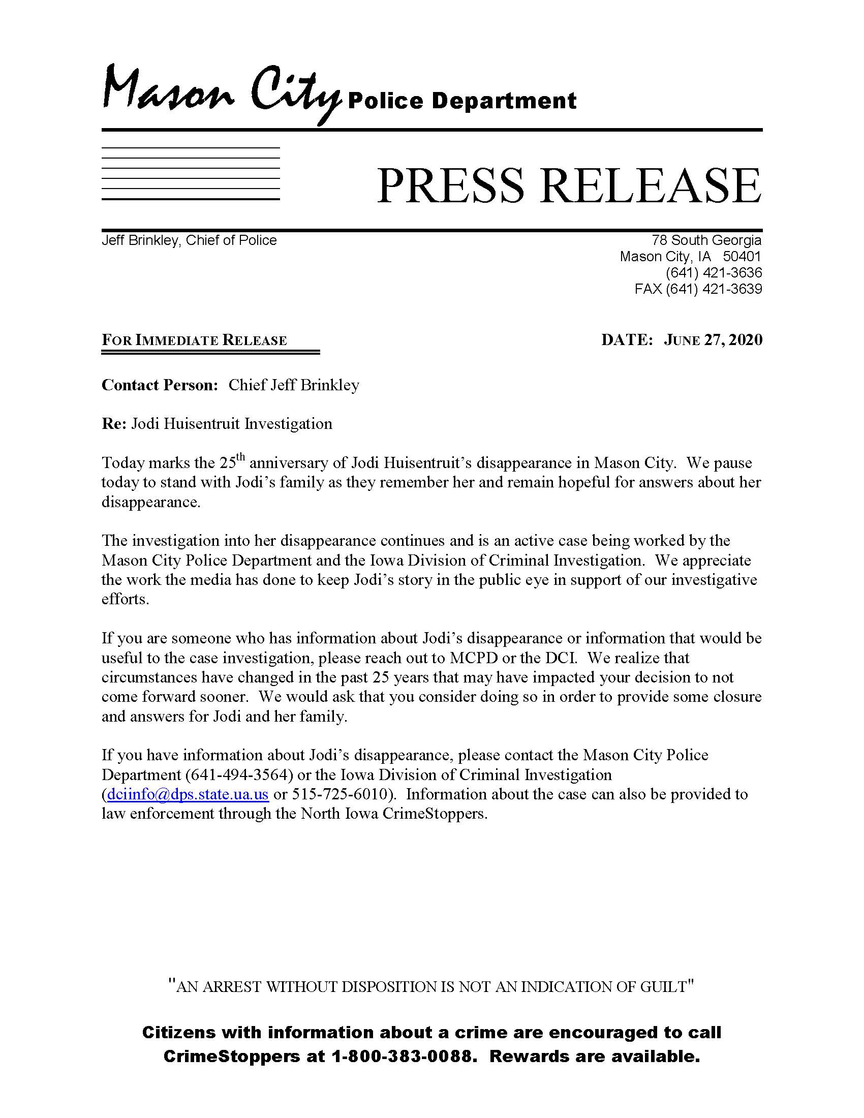 Link to press release on 25 anniversary of the disappearance of Jodi Huisentruit.