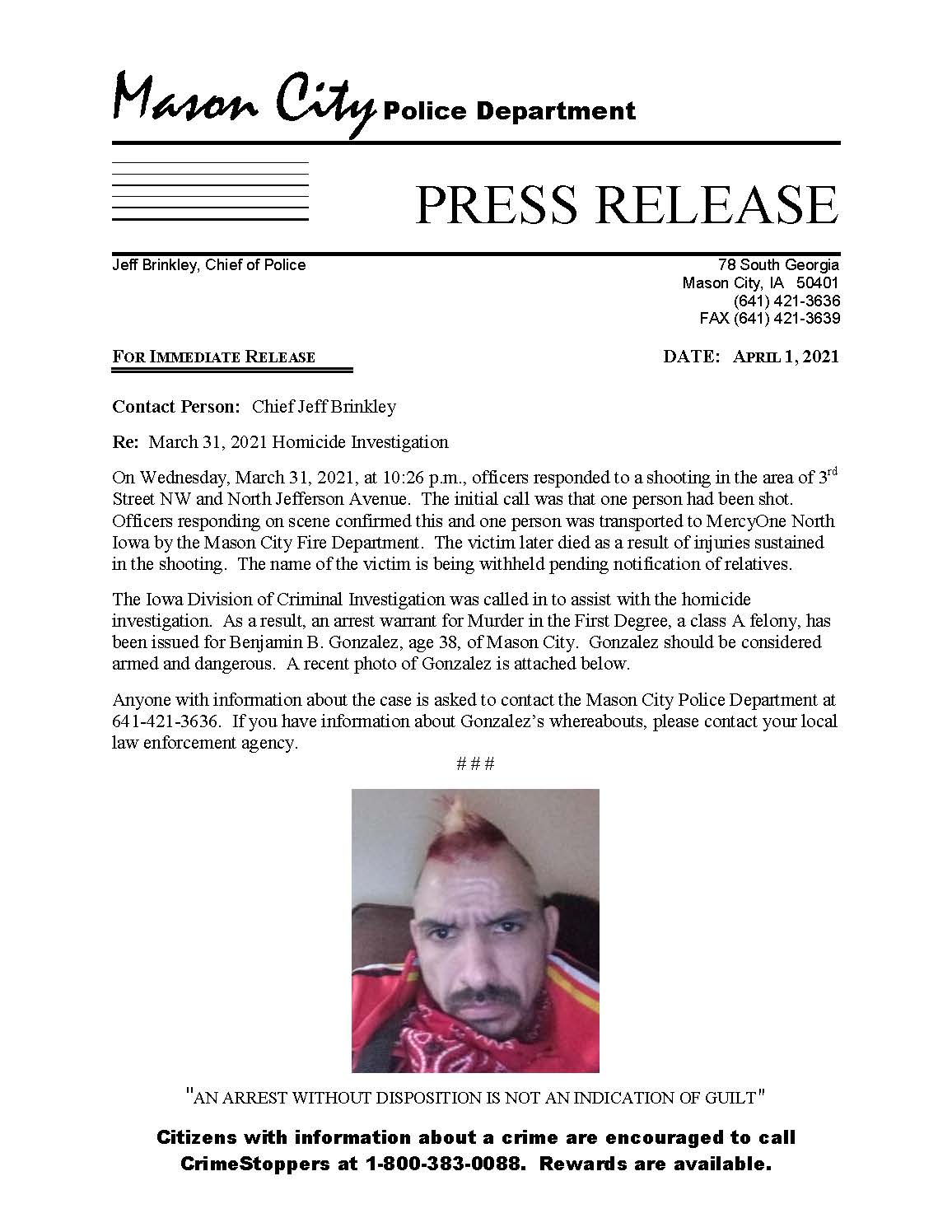 Link  to Mason City homicide investigation press release.
