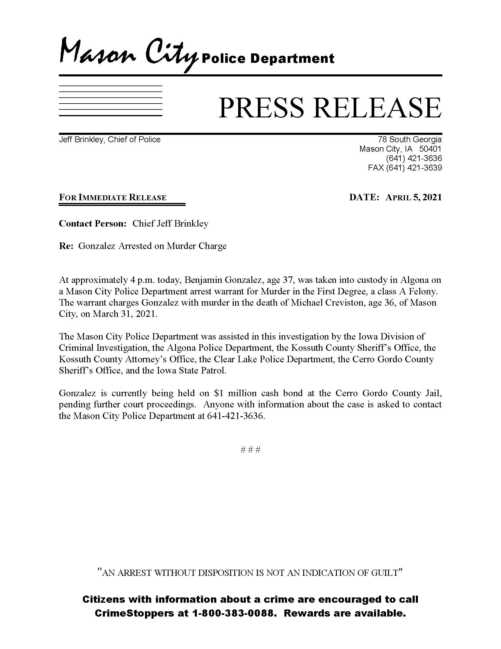 Link to Mason City Press Release