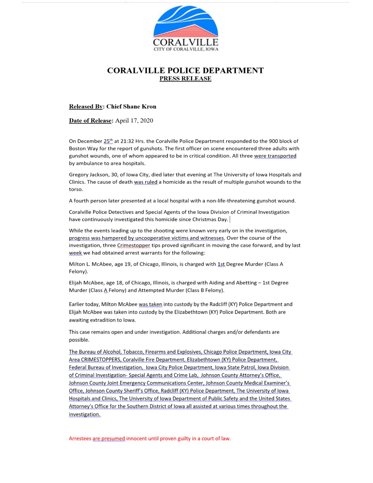 Image of Coralville Shooting Press Release