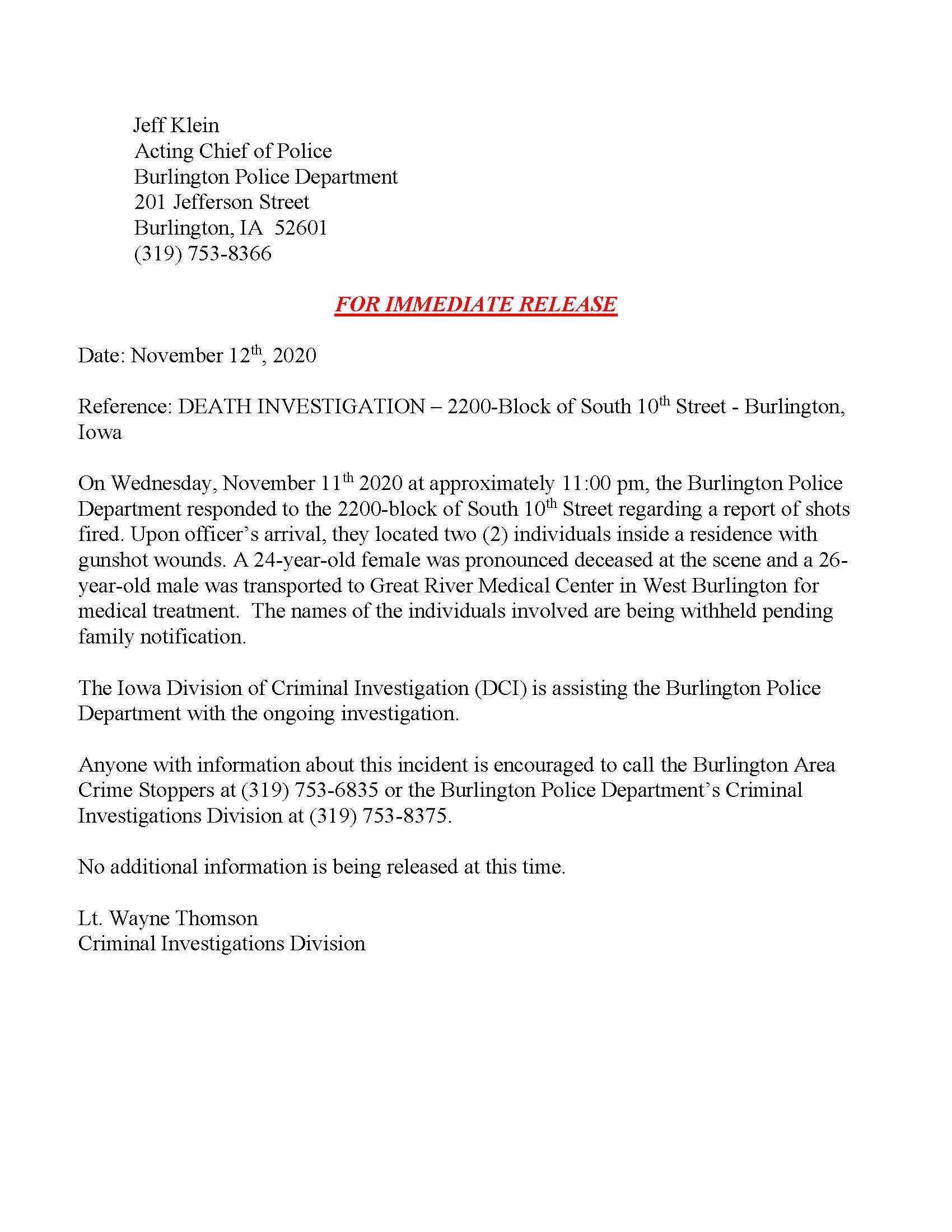 Link to Burlington press release