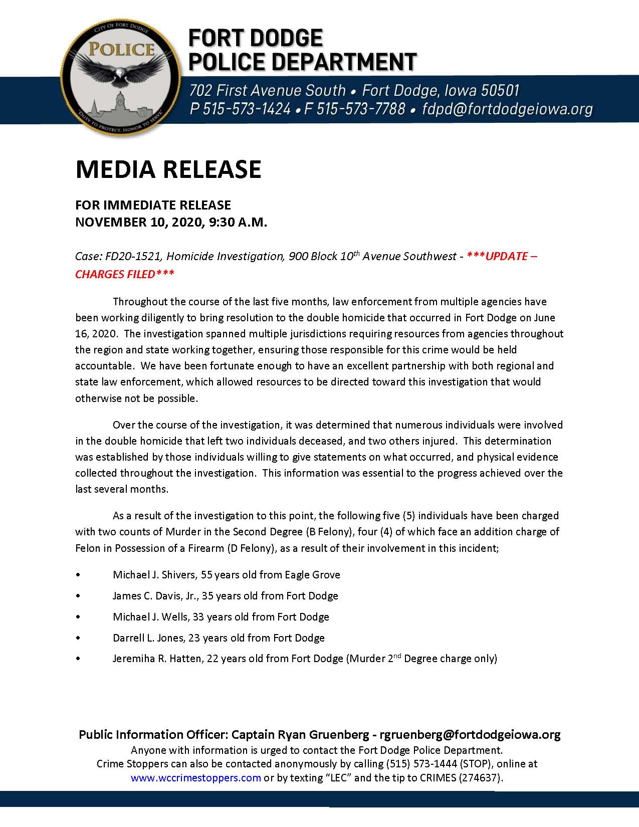 Link to press release on double homicide of June 2020 from Fort Dodge Police Department.