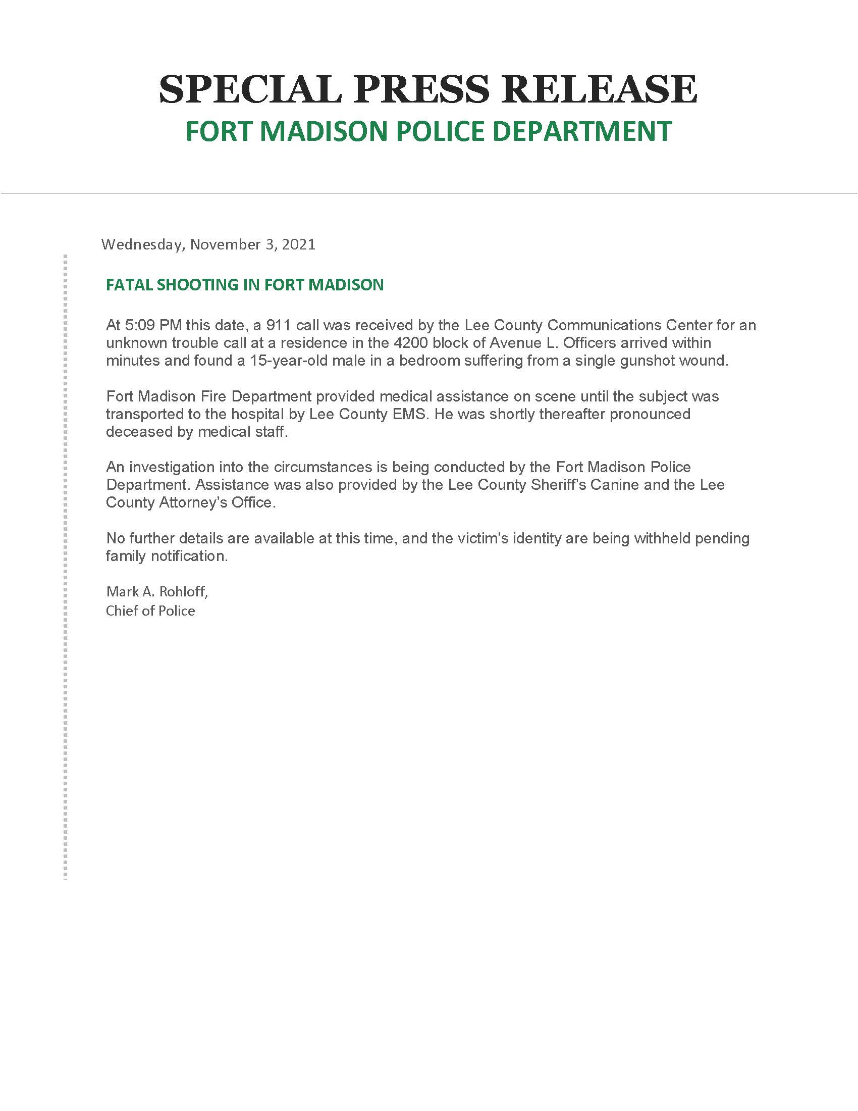 Link to Fort Madison press release