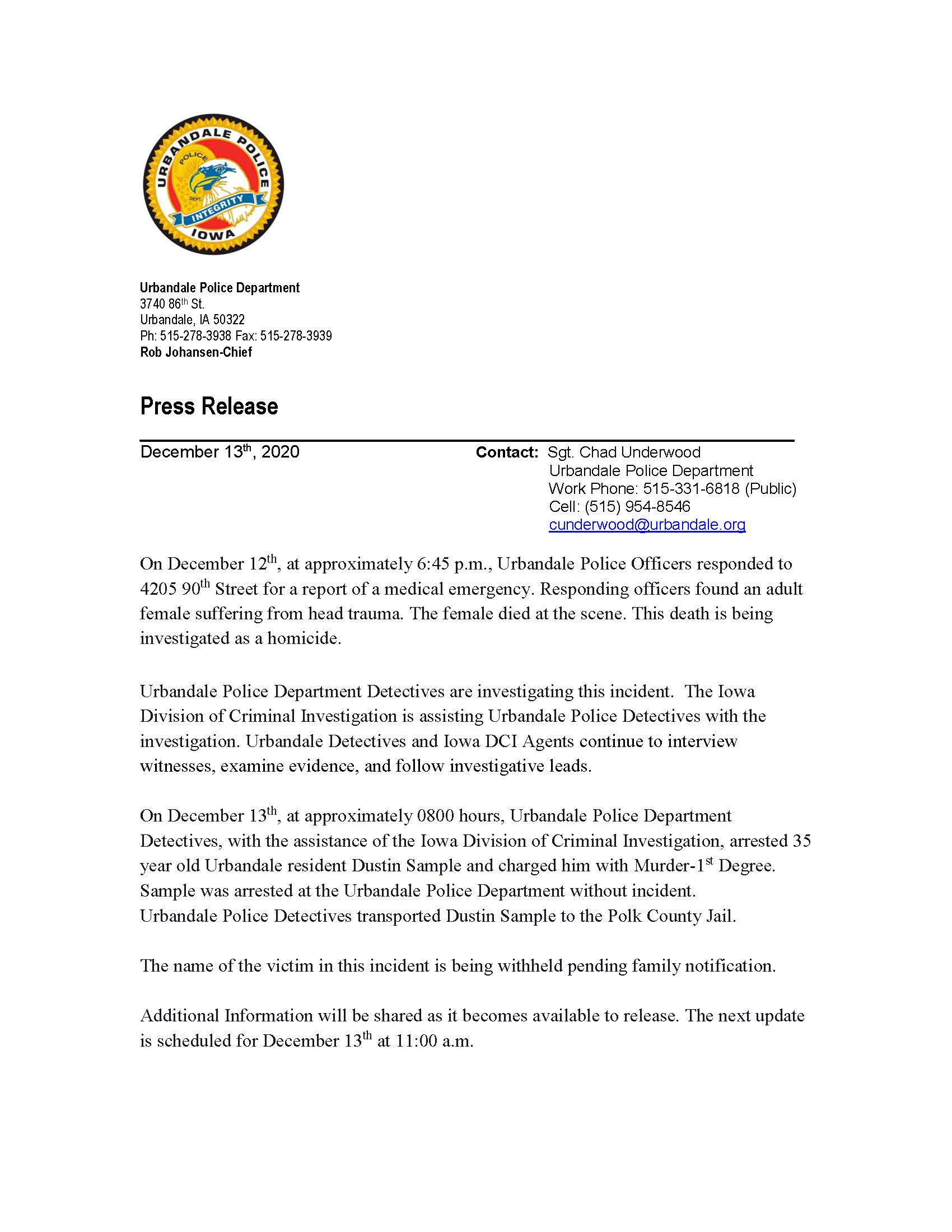 LInk to Urbandale PD press release