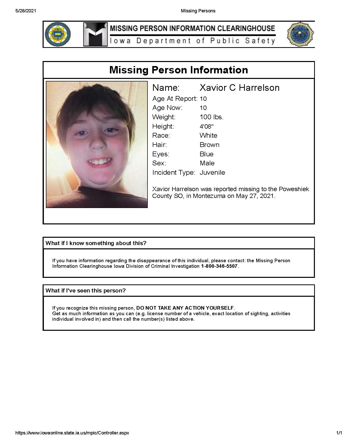 Missing and Endangered person Xavior Harrelson poster. 