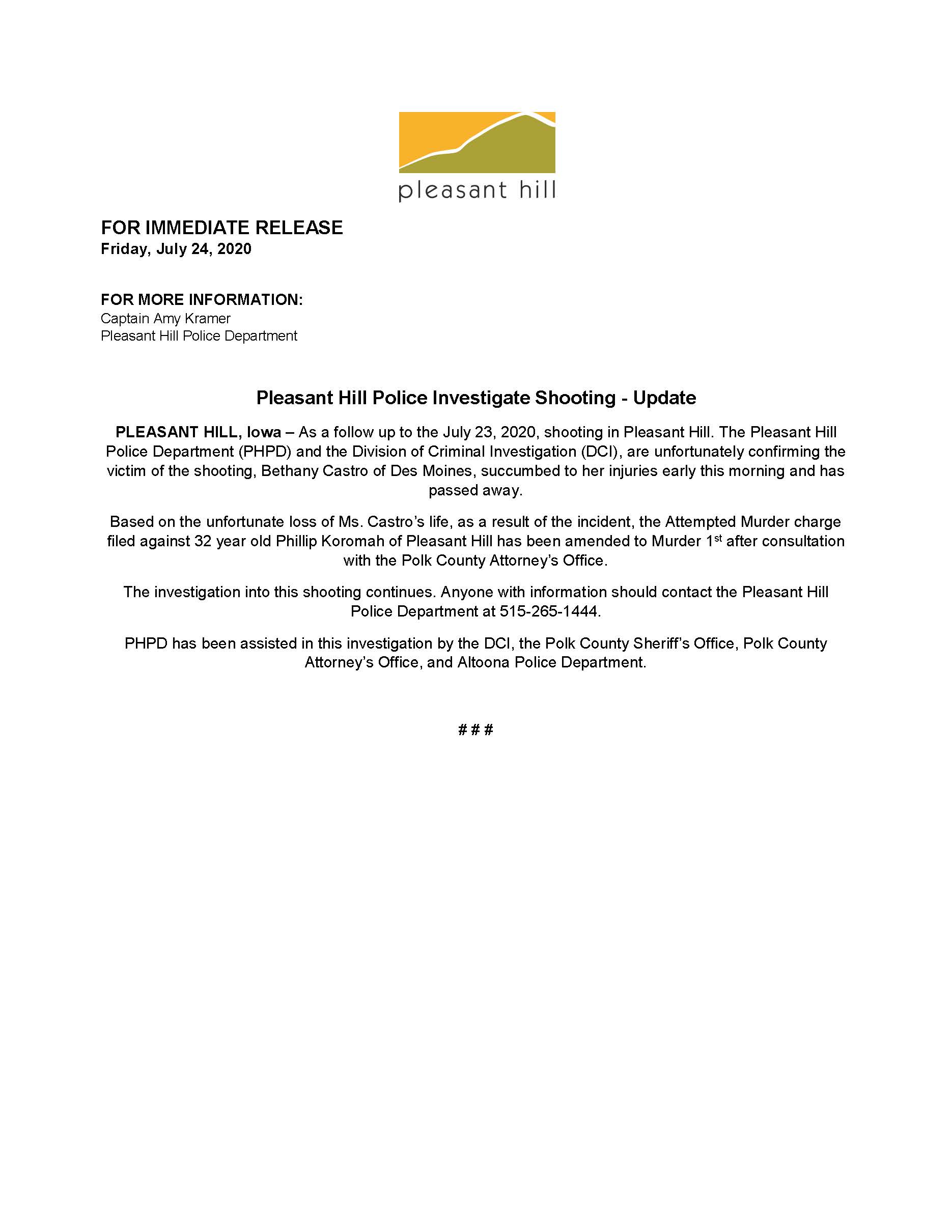 Link to Pleasant Hill Police Department press release. 