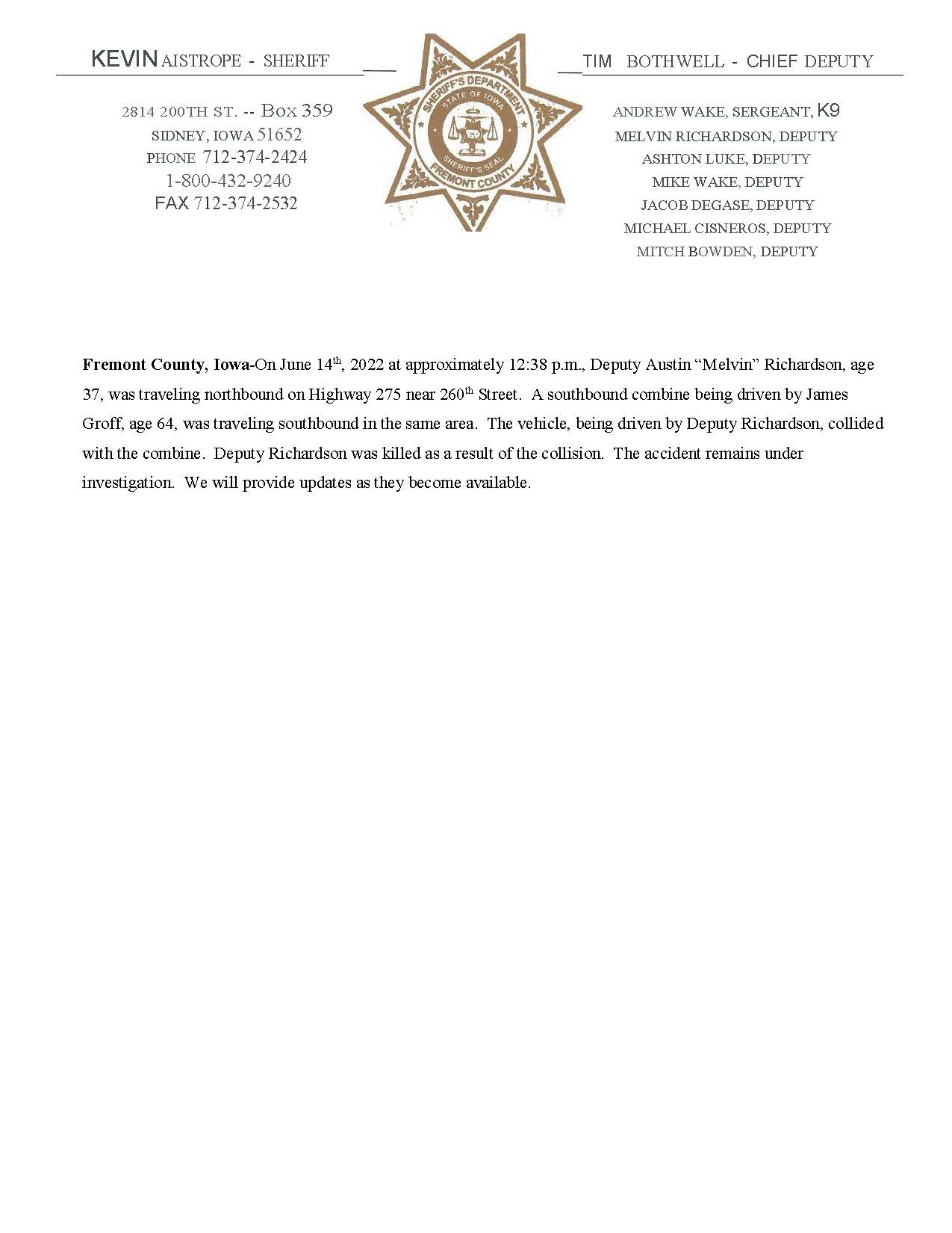 Link to Fremont County press release