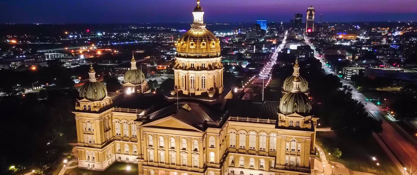 View of Iowa State Capitol building at night