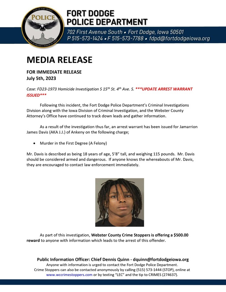 DCI ASSISTING FORT DODGE POLICE WITH HOMICIDE INVESTIGATION Iowa