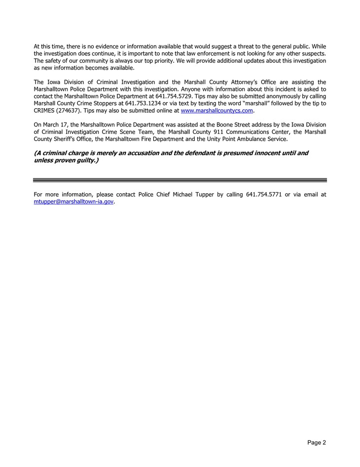 MARSHALLTOWN DEATH INVESTIGATION UPDATE ARREST Iowa Department of