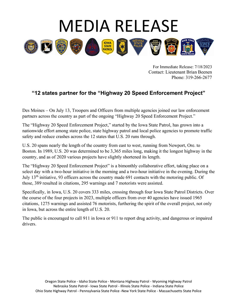 12 states partner for the “Highway 20 Speed Enforcement Project