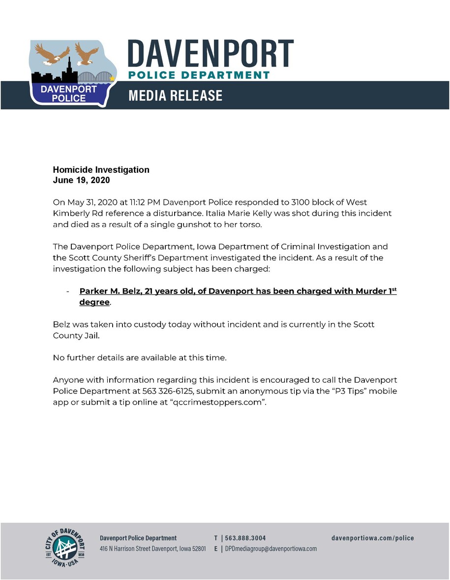 Link to press release on double homicide of June 2020 from Davenport Police Department.