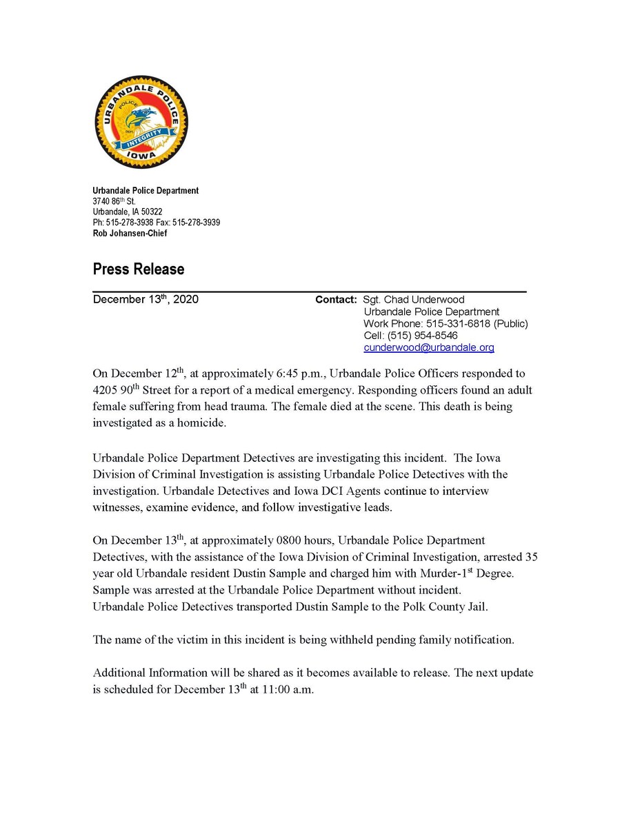 LInk to Urbandale PD press release